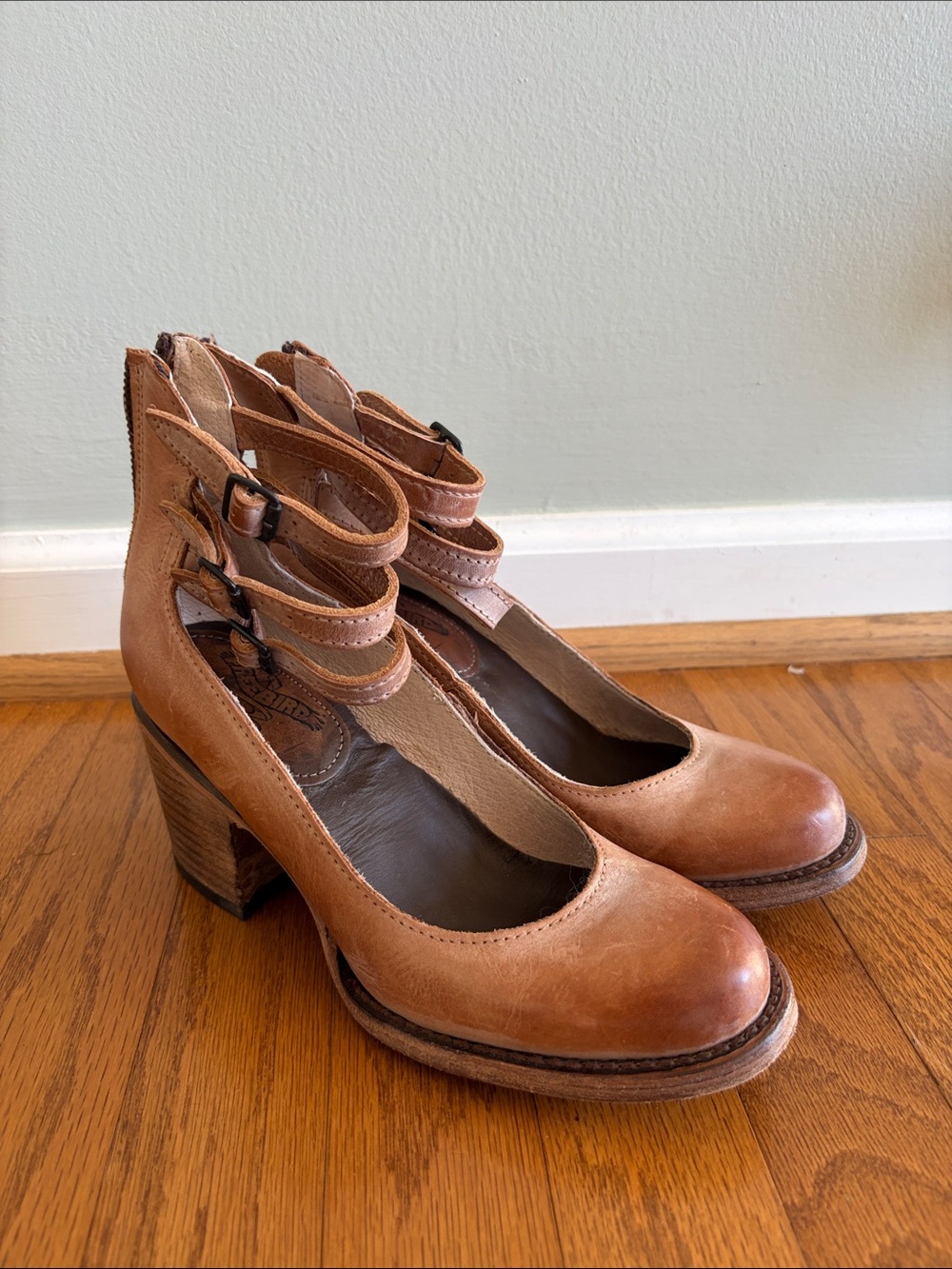 freebird Tan Leather Double-Strap Block Heel Mary Janes